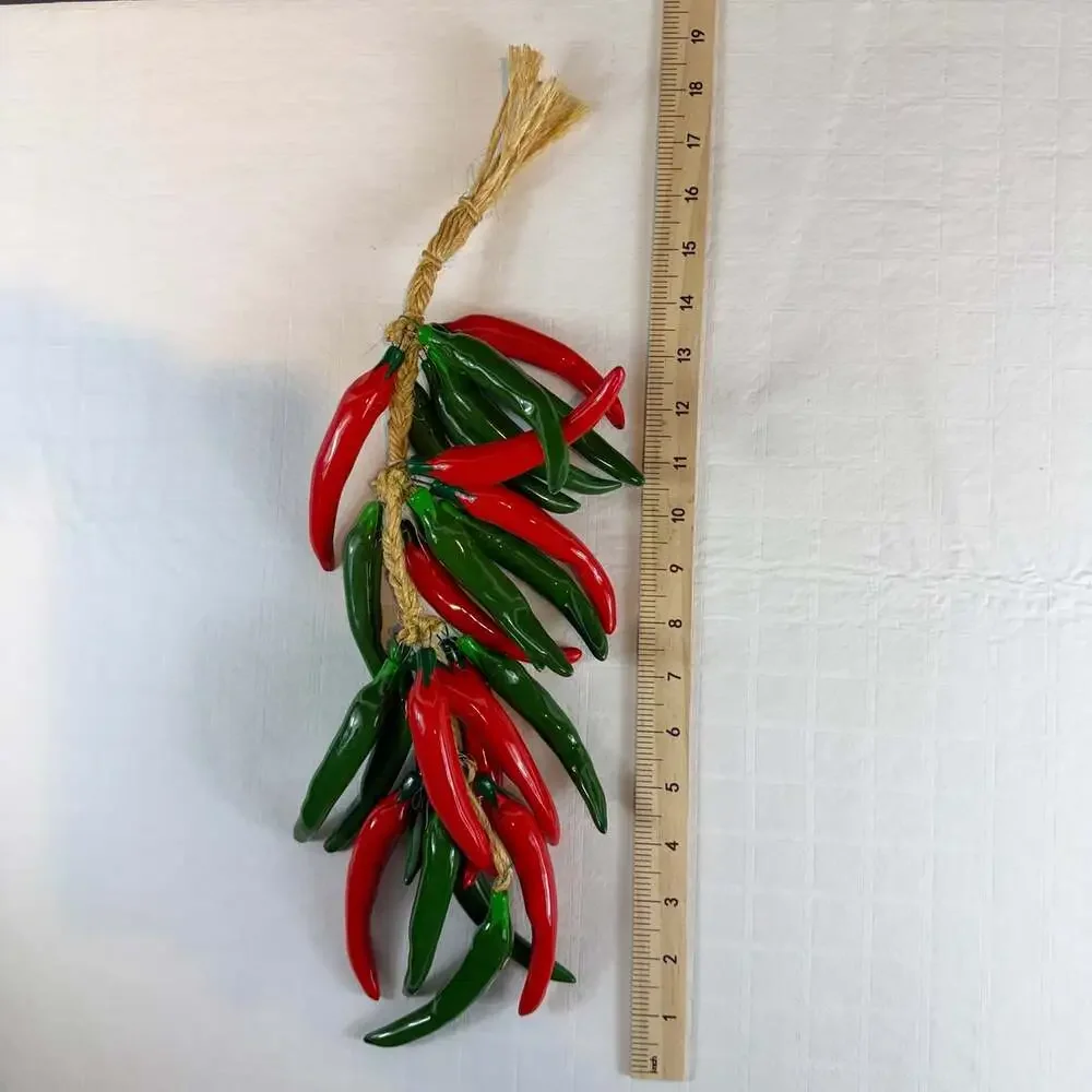 red & green ceramic chili pepper wall hanging glossy glazed on jute rope